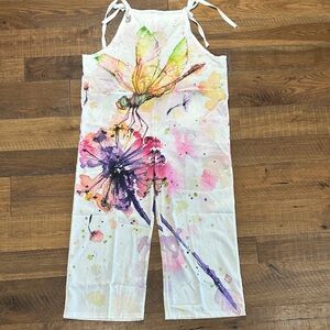 Colorful Floral Jumpsuit with Dragonfly Design